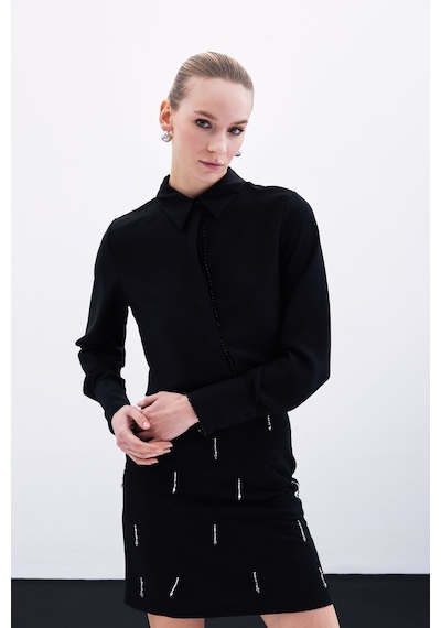 Sateen Boncuk Aksesuarlı Gömlek - Siyah-135925 Siyah