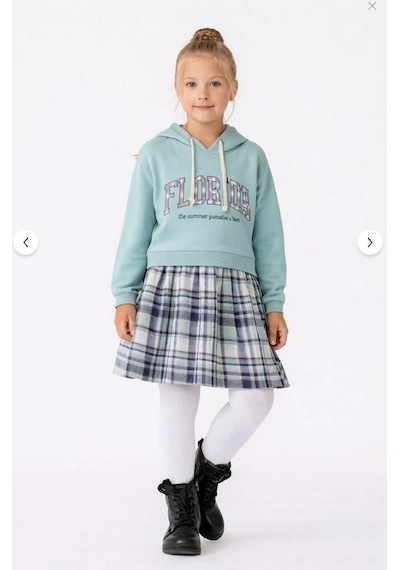 Kız Çocuk Sweatshirt Görünümlü Ekose Desenli Elbise-1710-m- Mavi