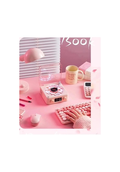 Waves Nostalji Plak Görünümlü Bluetooth Hoparlör 3d Ses Dalgası Retro Müzik Plak Pembe Najmaddin