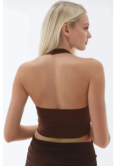 Hiccup Busem Halter Yaka Fit Kesim Kısa Bluz Mocha Kahvesi