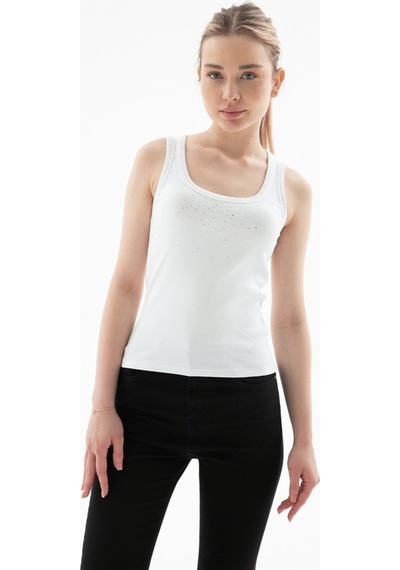 Fashion Friends Pamuklu Taş Detaylı Yuvarlak Yaka Atlet Bayan Atlet 26y0486k1 Beyaz