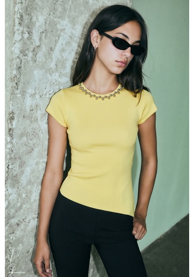 Sateen Kolyeli Kısa Kol Triko - Sarı-137950