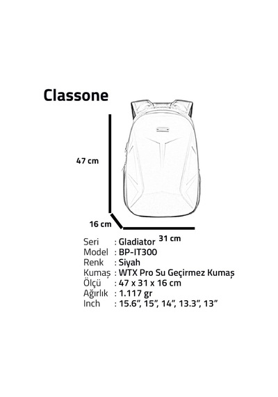 Classone Bp-ıt300 Gladiator Serisi 15.6" Uyumlu Notebook Çantası - Siyah Çok Renkli