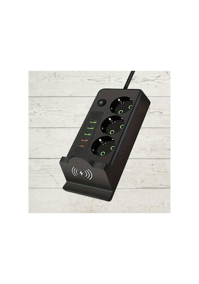 3 Lü Temassız Hızlı Şarj 4 Usb' Li 1 Typ-c Girişli Grup Priz Siyah Renk