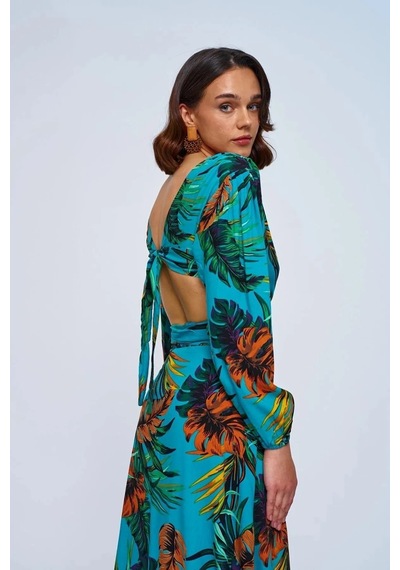 Fashion Cocktail Egzotik Palmiye Desenli Tokalı Göğüs Tasarım Pencereli Yırtmaçlı Uzun Havuz Başı Kokteyl Maxi Elbise Mavi Fashion Cocktail Egzotik Palmiye Desenli Tokalı Göğüs Tasarım Pencereli Yırtmaçlı Uzun Havuz Başı Kokteyl Maxi Elbise Mavi
