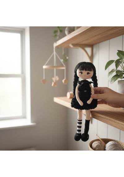 Tığ İşi Amigurumi Kız Bebek Bej - Siyah