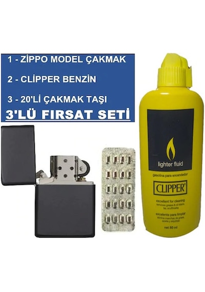 Zippo Benzinli Çakmak + Clipper Benzin 80 Ml + 20 Li Çakmak Taşı