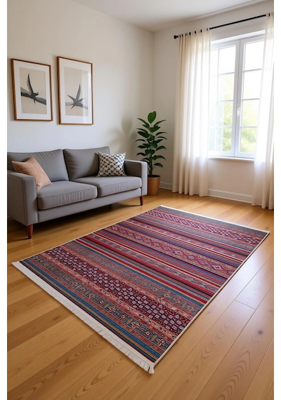 Blghome Renkli Çizgiler Modern Halı Dekoratif Kilim Kırmızı