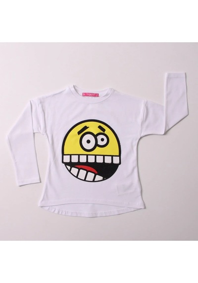Toontoy Kız Çocuk Relax Fit Bisiklet Yaka Emoji Baskılı Sweatshirt - 31/1 Penye Beyaz