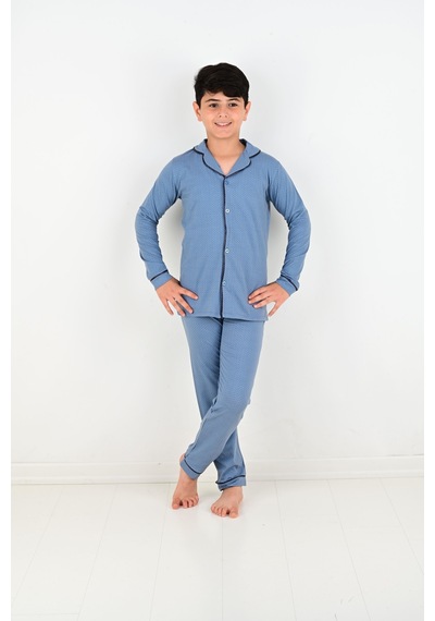 Vitmo Erkek Çocuk Uzun Kollu Pamuklu Düğmeli Pijama Takımı Mini Kare İndigo Vitmo Erkek Çocuk Uzun Kollu Pamuklu Düğmeli Pijama Takımı Mini Kare İndigo