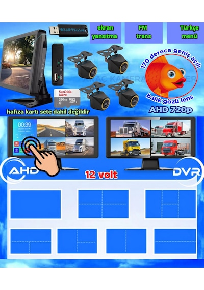 Balık Gözü 4 Adet Ahd 720p 170'' Kamera Ve Dokunmatik 10.36'' Video Müzik Dvr Ekran 12 V 256 Gb