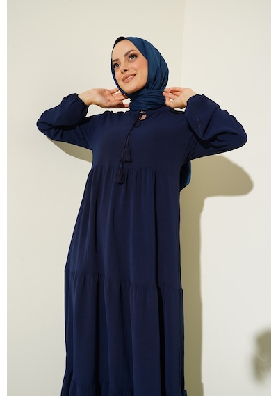 Bigdart 1627 Yaka Bağcıklı Tesettür Elbise - C.lacivert 001