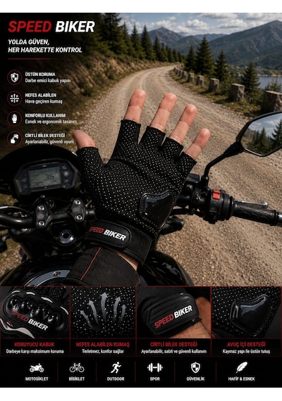 Speed Biker Kısa Parmak Yazlık Motosiklet Eldiveni Siyah Ce En 13594  Sertifikalı