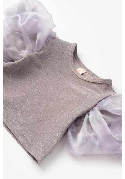 Le Mabelle Gümüş Kolları Tüllü Simli Kız Çocuk Crop Gümüş