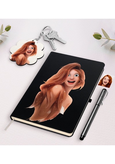 Kişiye Özel Kadın Animasyon Karikatürlü Siyah Defter Kalem Ve Ana N11.638