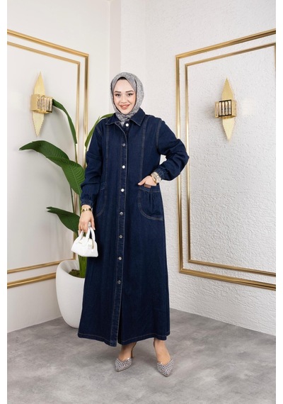 Harman Butik Kadın Düğmeli Cepli Kar Yıkamalı Denim Kot Kap Lacivert Lacivert