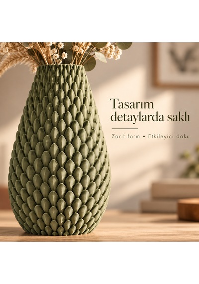 Kabartma Desenli Dekoratif Vazo 20 Cm Modern Tasarım Haki