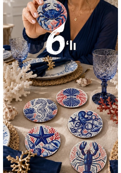 Marin Deniz Temalı Bardak Altlığı 6 Lı Set Yengeç Ahtapot Denizatı 9 Cm Mdf Beyaz