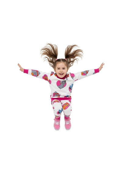 New Kids Renkli Figür Baskılı 3 İplik Şardonlu Kalın Kışlık Kız Çocuk Takım-91051 Beyaz