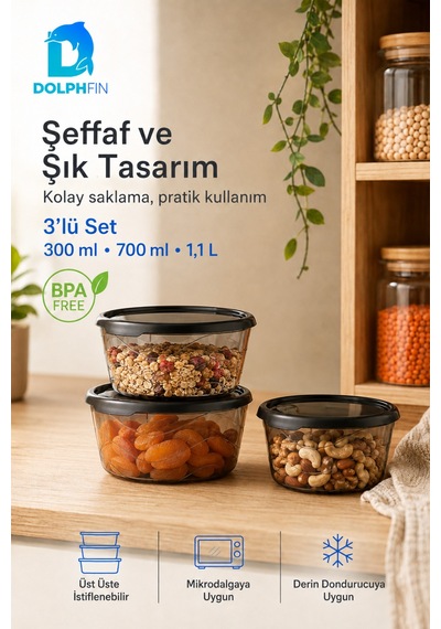 3 Lü Yuvarlak Saklama Kabı Seti 300 Ml 700 Ml 1,1 Litre Füme Şeffaf Bpa İçermez Siyah