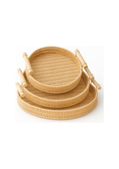 Natura - 3'lü Yuvarlak Rattan Hasır Servis Ve Sunum Tepsisi Seti Ahşap Saplı Dekoratif Tepsi Bej