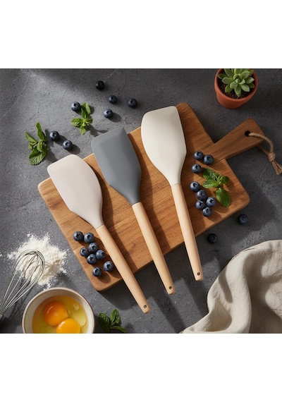 Bambu Saplı Silikon Dar Sıyırma Spatulası, Bambu Uzun Silikon Dar Spatula 27cm 3 Renk Seçenekli Siyah Çok Renkli