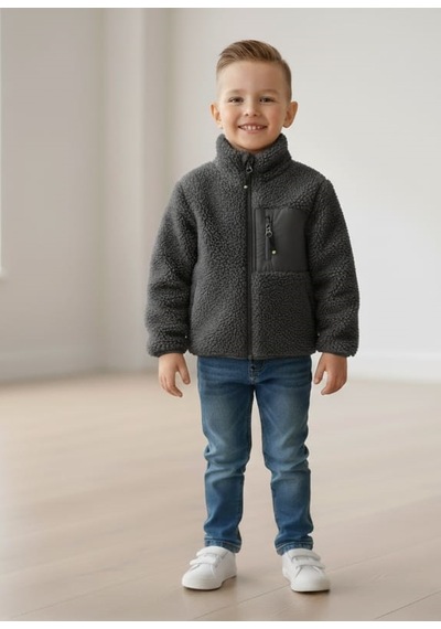 Smalltouch Unisex Çocuk Yumuşak Dokulu Astarlı Fermuarlı Cepli Peluş Hırka Füme