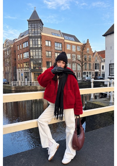 Nilza Kadın Teddy Peluş Ceket Kapüşonlu Fermuarlı Cepli Oversize Sweatshirt Kırmızı