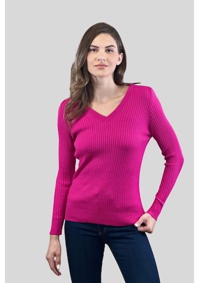 Miss Poem Kadın V Yaka Slim Fit Fitilli Uzun Kışlık Ekru Triko Kazak Fuşya