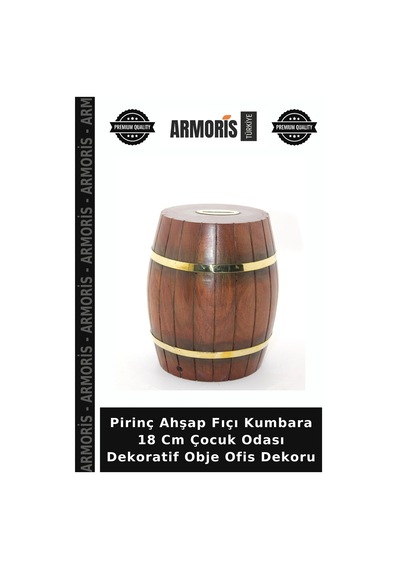 Pirinç Ahşap Fıçı Kumbara 18 Cm Çocuk Odası Dekoratif Obje Ofis Dekoru