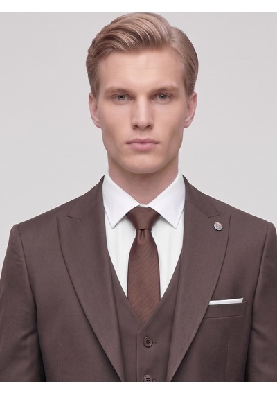Tk6896 Erkek 3 Parça Slim Fit Çift Yırtmaçlı Takım Elbise Yelekli Şık Klasik Takım 6 Drop Kahverengi