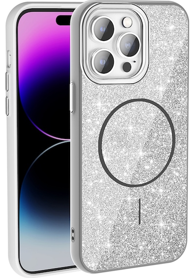 Apple Uyumlu iPhone 14 Pro Max Kılıf Magsafe Şarj Özellikli Parlayan Simli Hptk Okso Kapak - Beyaz Beyaz
