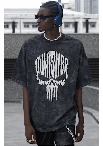 Punisher Dizi Baskılı Unisex Oversize Vintage Yıkamalı Tişört Siyah