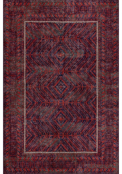 Artloop Relic Kırmızı / Lacivert Vintage Dokulu Klasik Desenli Dokuma Tabanlı Şönil Halı Al 494 Kırmızı - Lacivert