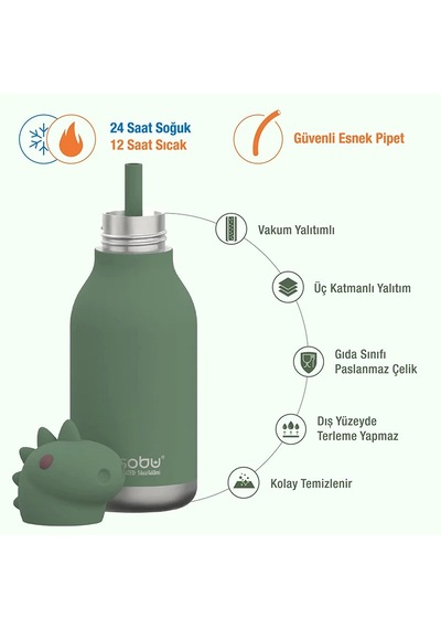 Asobu Bestie Bottle - Dinosaur Yalıtımlı Paslanmaz Çelik Su Şişesi, Pipetli, 460ml Çok Renkli