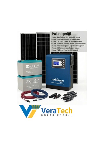 Veratech Güneş Enerjisi Bahçe Evi Solar Paketi 395w Güneş Paneli, 100ah Jel Akü, 3kva İnverter