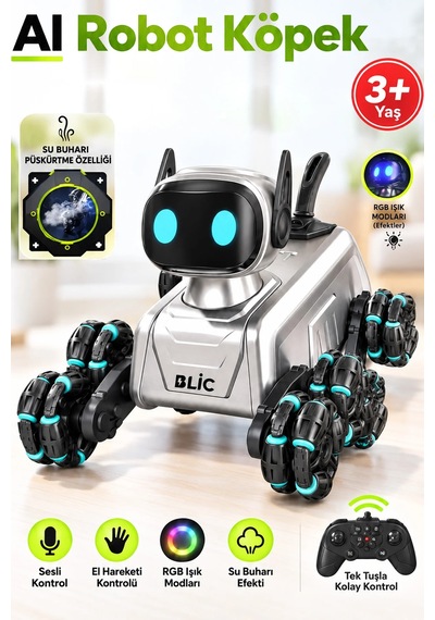 Exenar - Akıllı Aı Robot Köpek Kumandalı Ses Kontrollü Akrobatik Hareketli Işık Sesli Efektli Şarjlı Oyuncak Siyah