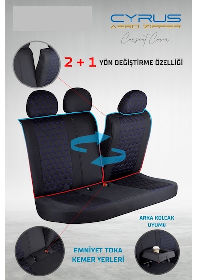 Mazda 929 Yarı Deri Oto Koltuk Kılıfı Ön Arka Set Cyrus Siyah Mavi Fs
