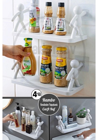 4'lü Kendinden Yapışkanlı Craft Banyo Rafı Baharatlık Mutfak Organizer Duvara Monte Raf Düzenleyici Beyaz