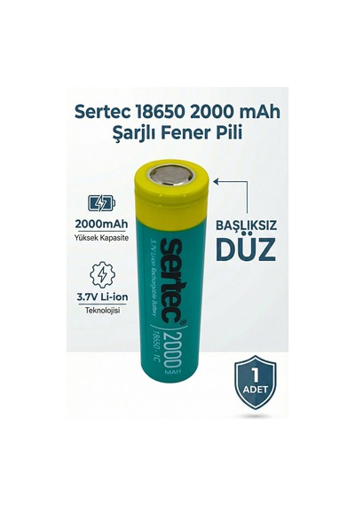 Sertec 18650 Şarjlı Pil 2000mah Fener Pili 3.7v Li-ion Başlıksız Düz