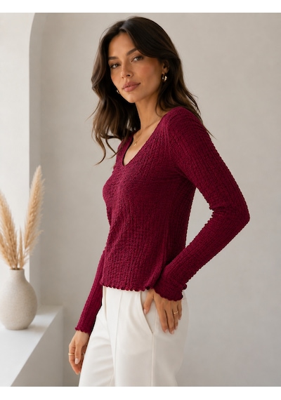 Sortie Collection V Yaka Bürümcük Detaylı Uzun Kollu Bluz Bordo
