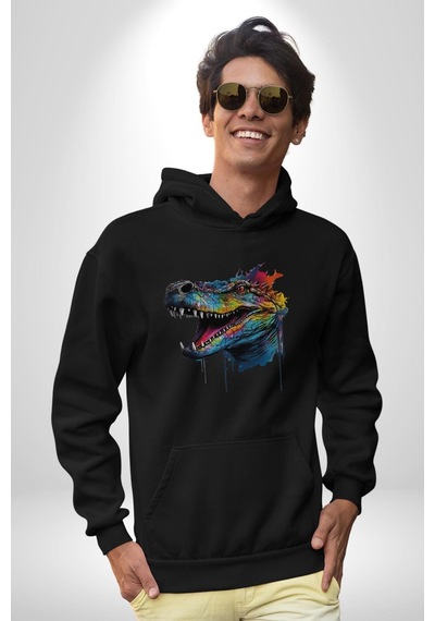 Timsah Renkli Kafası Kadın Erkek Siyah Kapüşonlu Sweatshirt Hoodie Siyah
