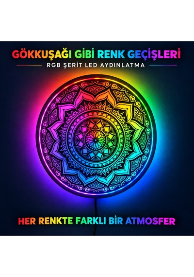 3d Baskı Rgb Led Li Mandala Duvar Dekoru Işıklı Dekoratif Pano Siyah
