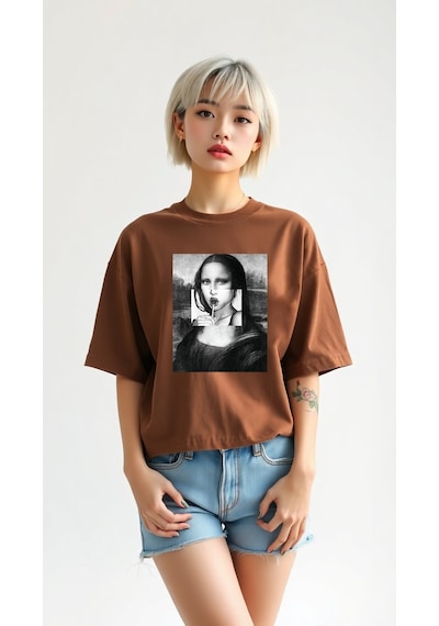 Uyguntarz Mona Lisa Baskılı Tasarım Tshirt Kahverengi