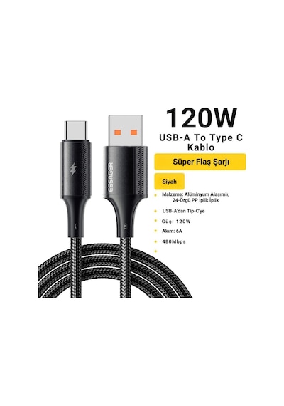 1 Metre 6a 120w Mega Hızlı Usb To Type C Şarj Data Kablosu, Akım,ısı Korumalı, Güçlü Kablo