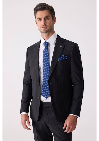 Erkek Siyah Slim Fit Çizgili %100 Yün Takım Elbise
