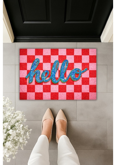 Rugmood Modern Dijital Baskı Paspas - Hello Yazılı Kırmızı Kareli Şık Kapı Önü Paspası