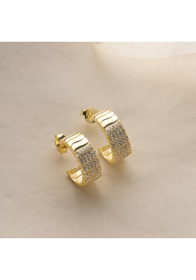 925 Ayar Gümüş Şeritli Ve Taşlı Halka Küpe Gold