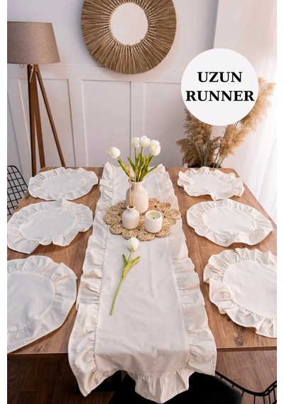 7 Parça Fırfırlı Sofra Sunum Seti 6 Adet Amerikan Servisi Supla + 1 Adet Fırfırlı Runner - 40x150 Cm Bej
