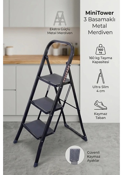 Minitower 3 Basamaklı Metal Merdiven - Ekstra Güçlü Siyah 3basamaklı